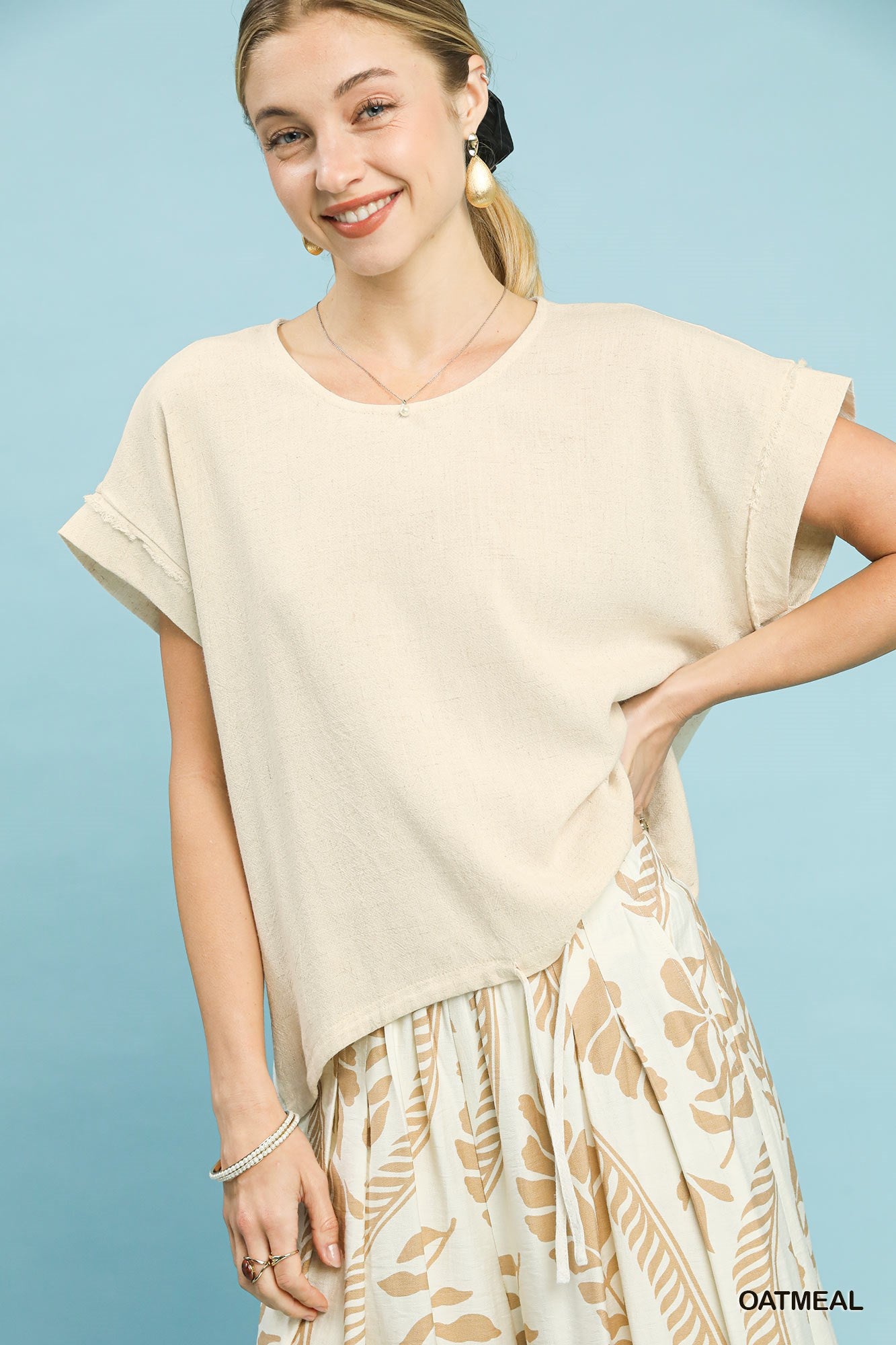 Drawstring Linen Blend Top: Oatmeal