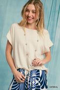 Drawstring Linen Blend Top: Oatmeal