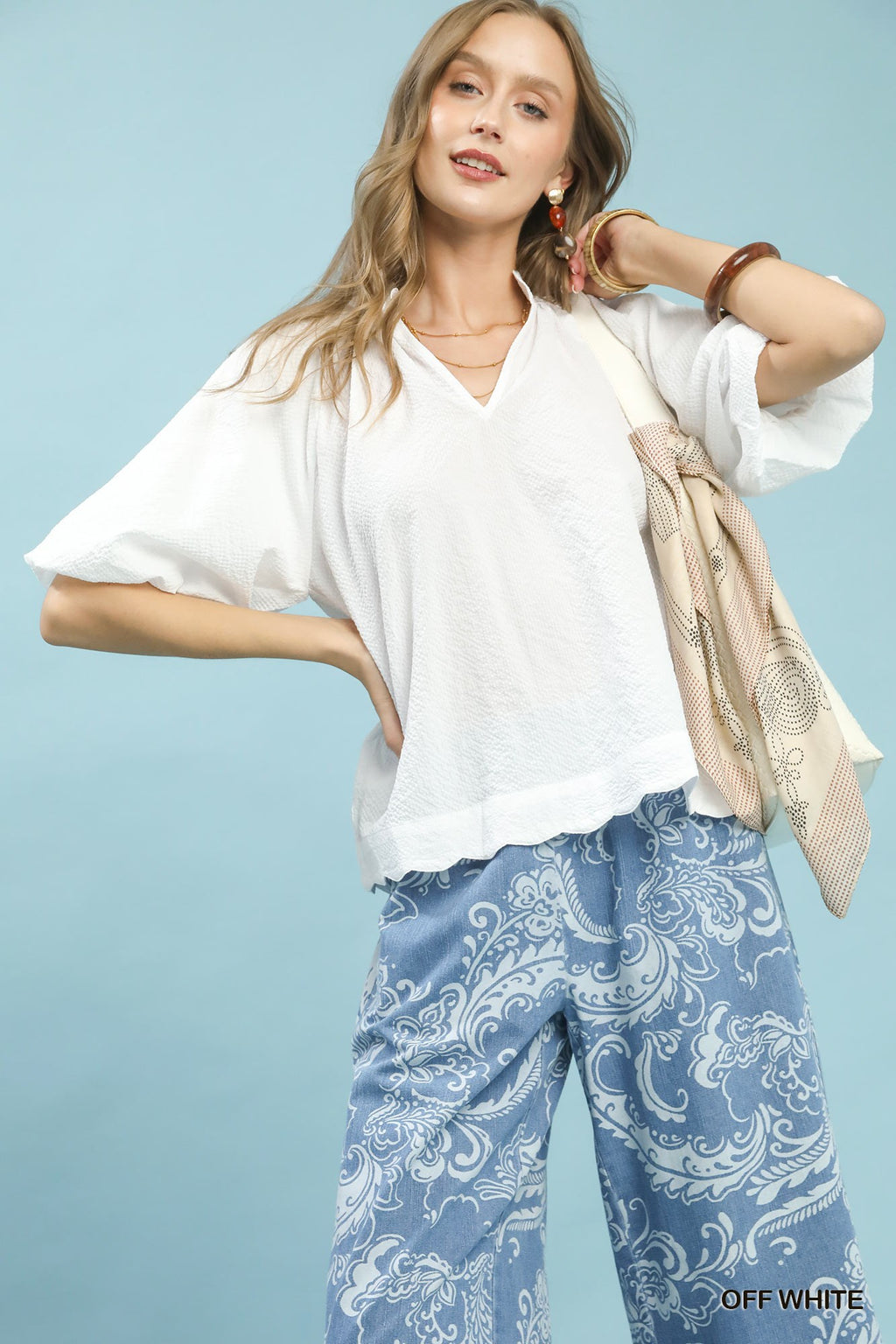 Bubbled Sleeved Seersucker Top - Off White