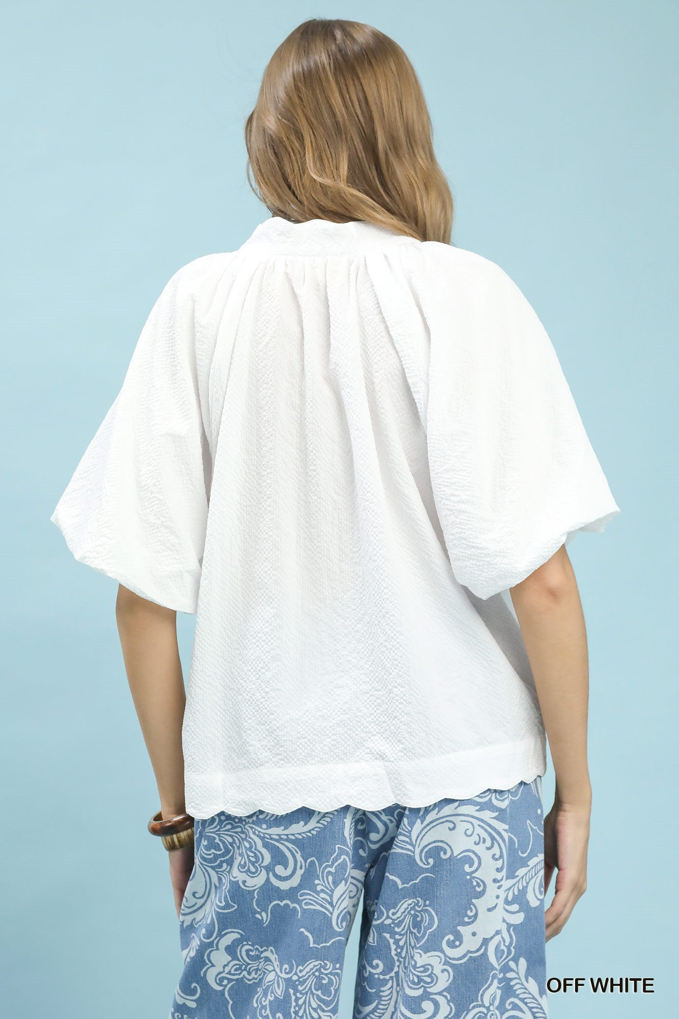 Bubbled Sleeved Seersucker Top - Off White