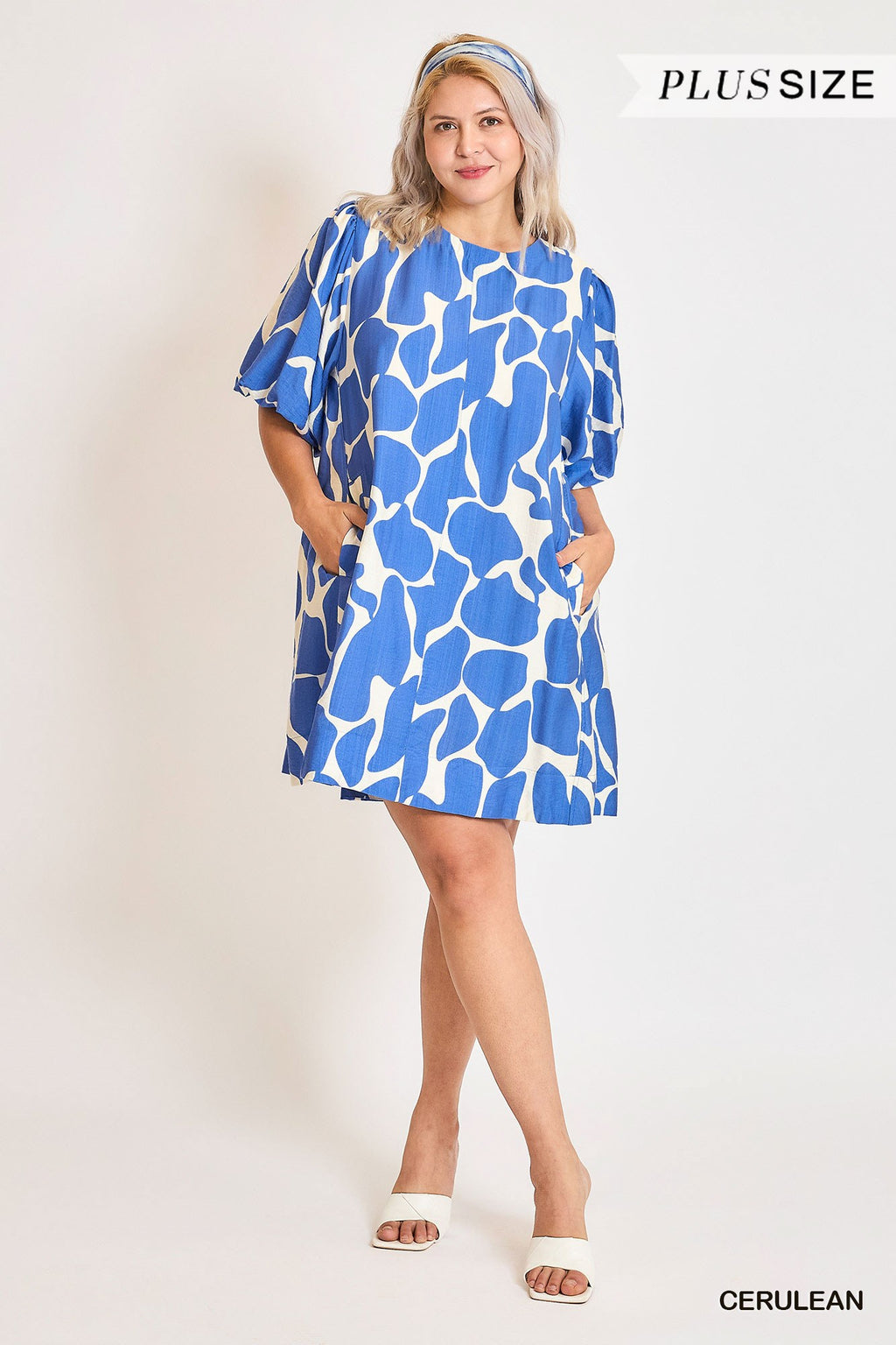 Two Tone Abstract Print Dress: CERULEAN