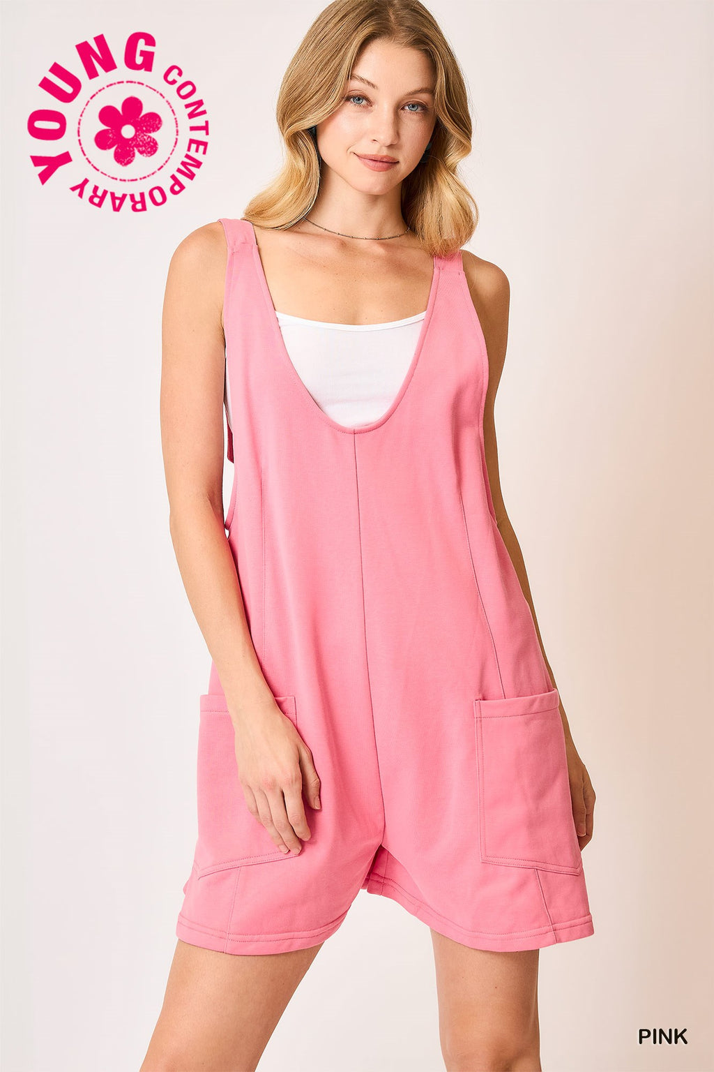 French Terry Sleeveless Romper - Pink
