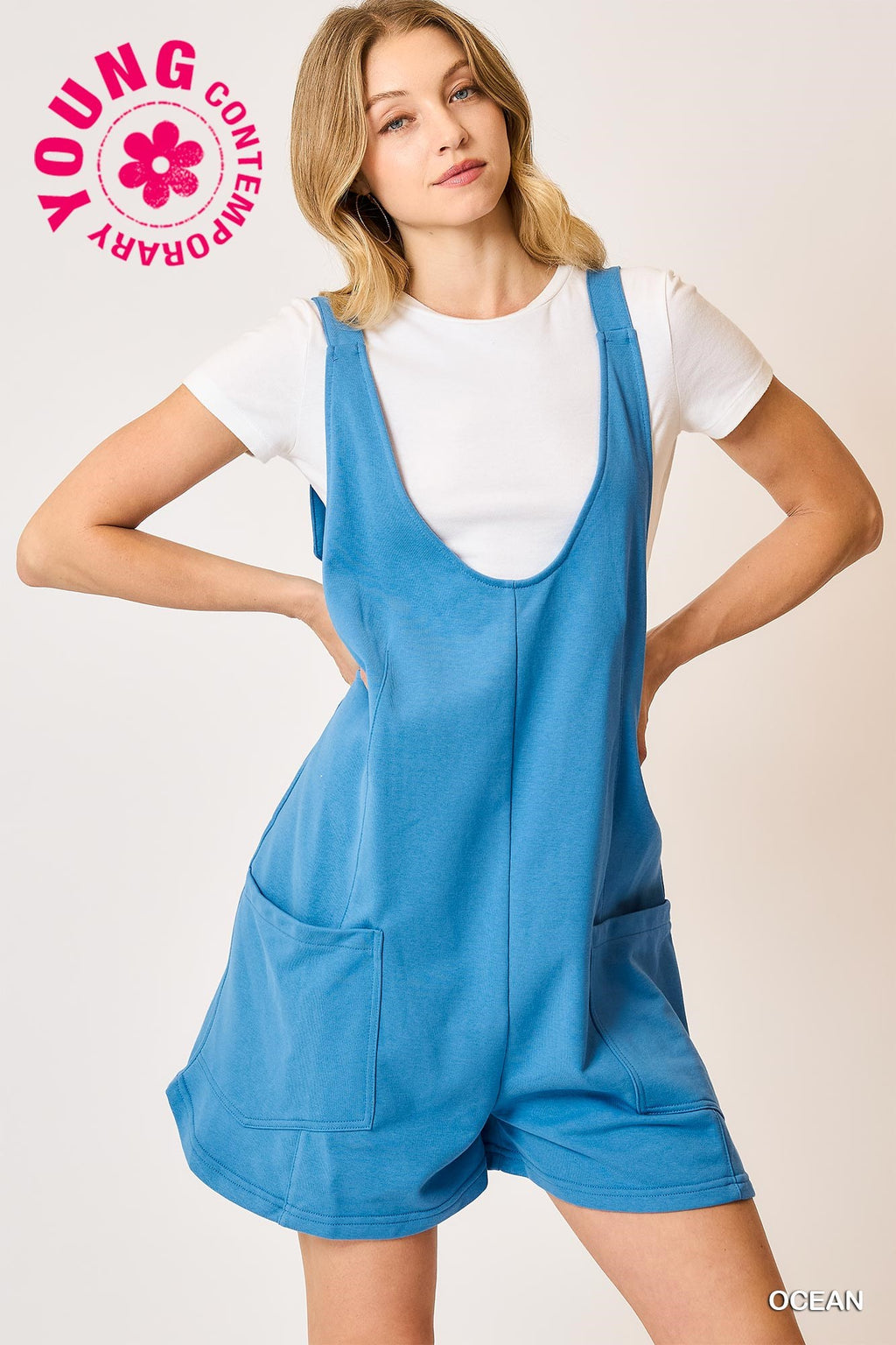 French Terry Sleeveless Romper - Ocean