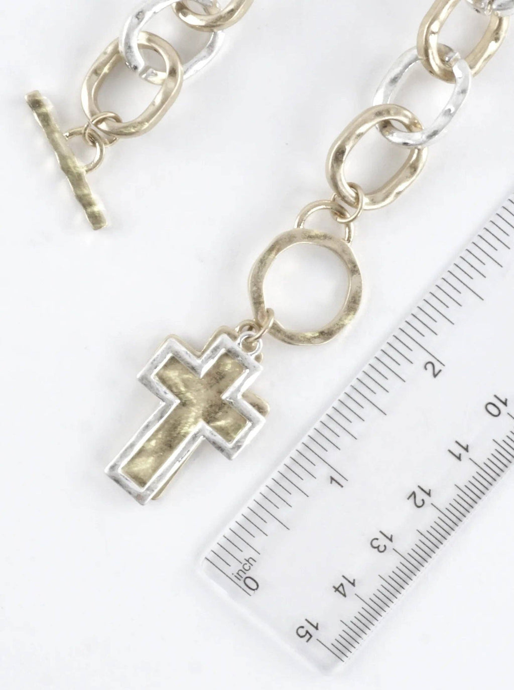 Chunky Hammered Two Cross Toggle Pendant Necklace: Worn Gold Silver