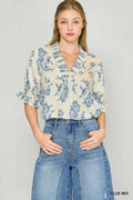 Willow Vine Ruffle Trim Blouse: Blue Mix