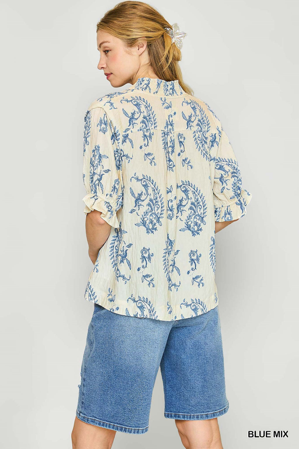 Willow Vine Ruffle Trim Blouse: Blue Mix