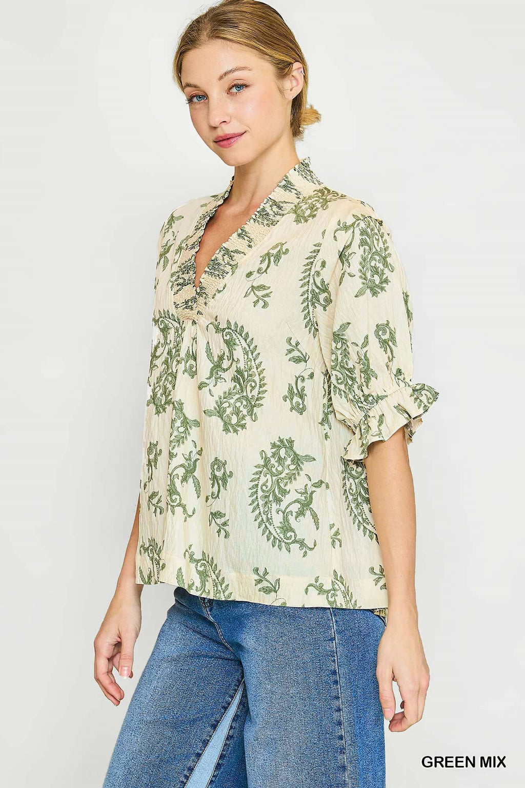 Willow Vine Ruffle Trim Blouse: Green Mix