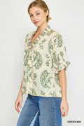Willow Vine Ruffle Trim Blouse: Green Mix