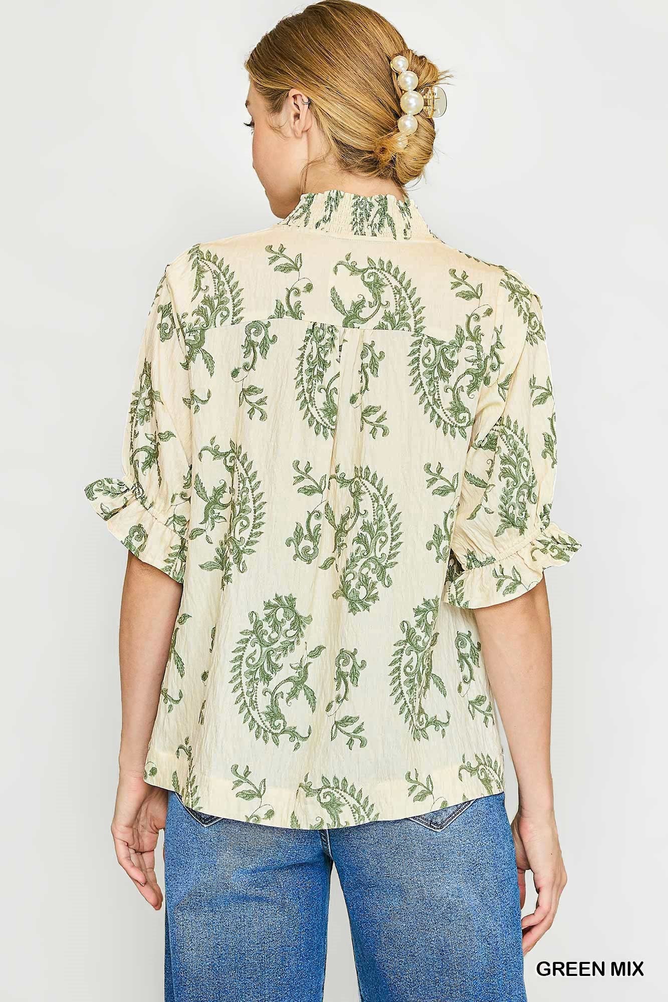 Willow Vine Ruffle Trim Blouse: Green Mix