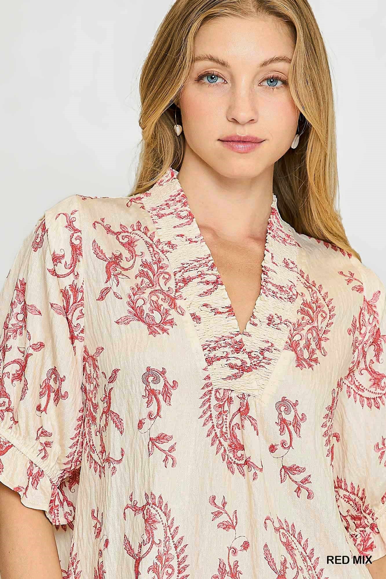Willow Vine Ruffle Trim Blouse: Red Mix