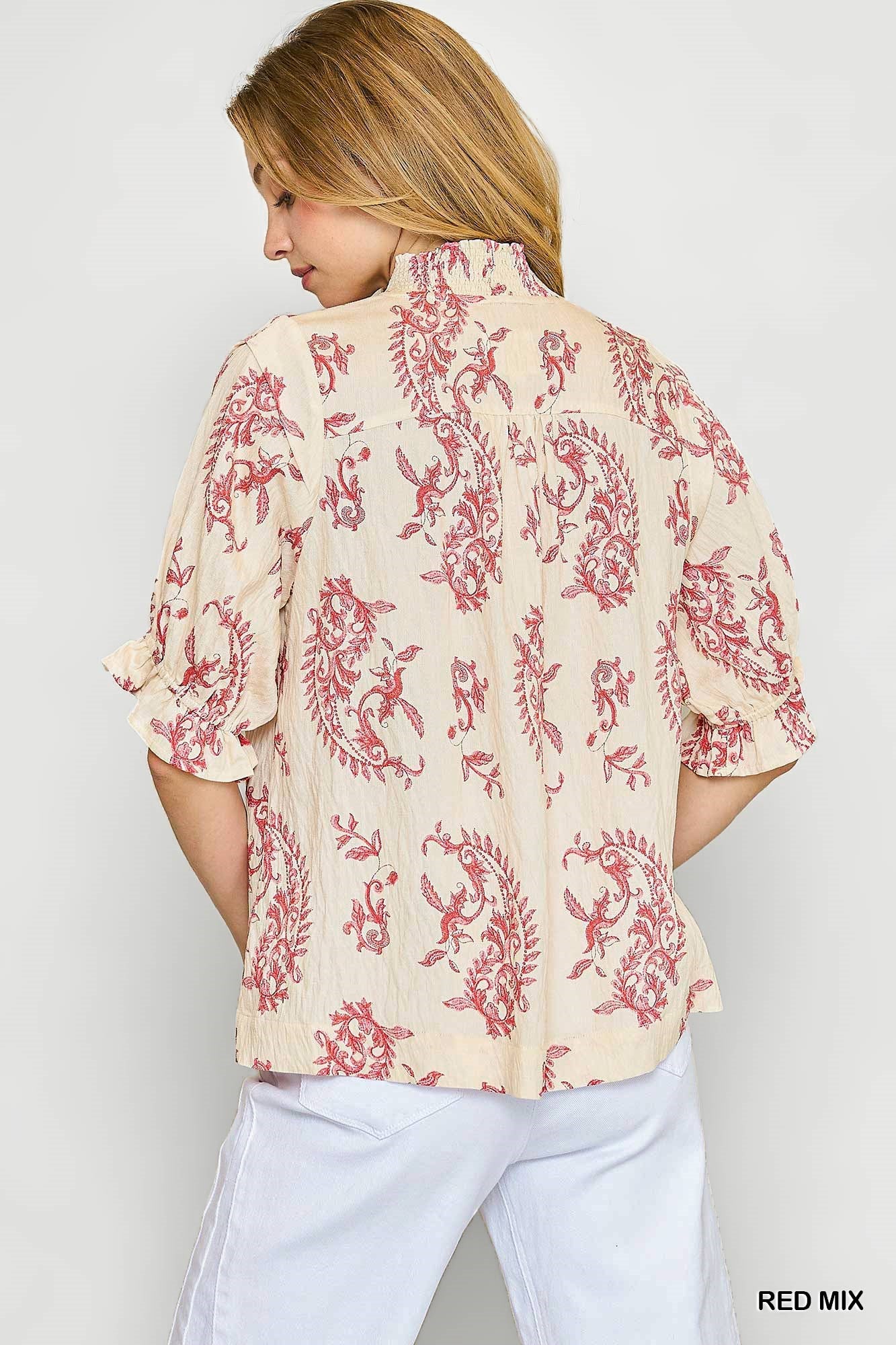 Willow Vine Ruffle Trim Blouse: Red Mix