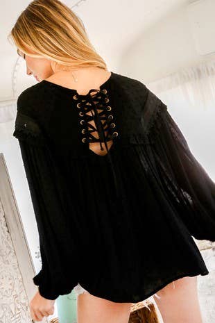 Lace-Up Back Detail Swiss Dot Patterned Blouse: Black