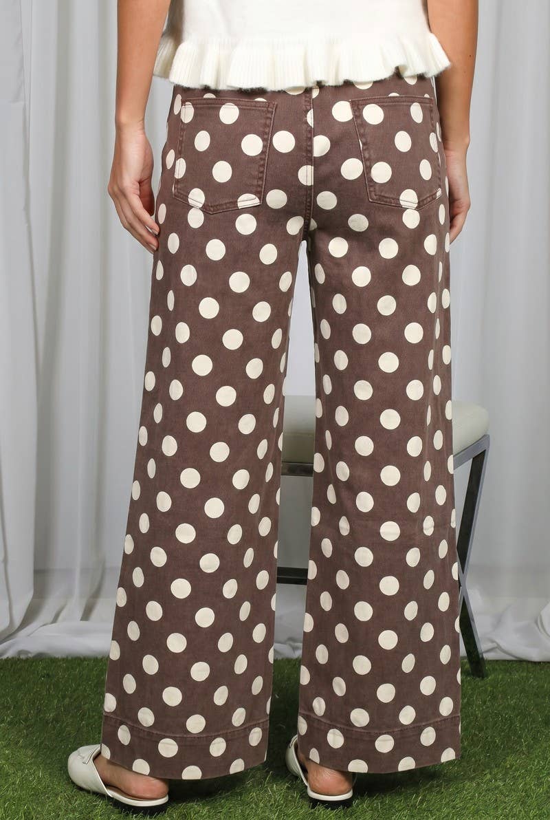 Polka Dot Straight Leg Cotton Denim Span Pants: Brown