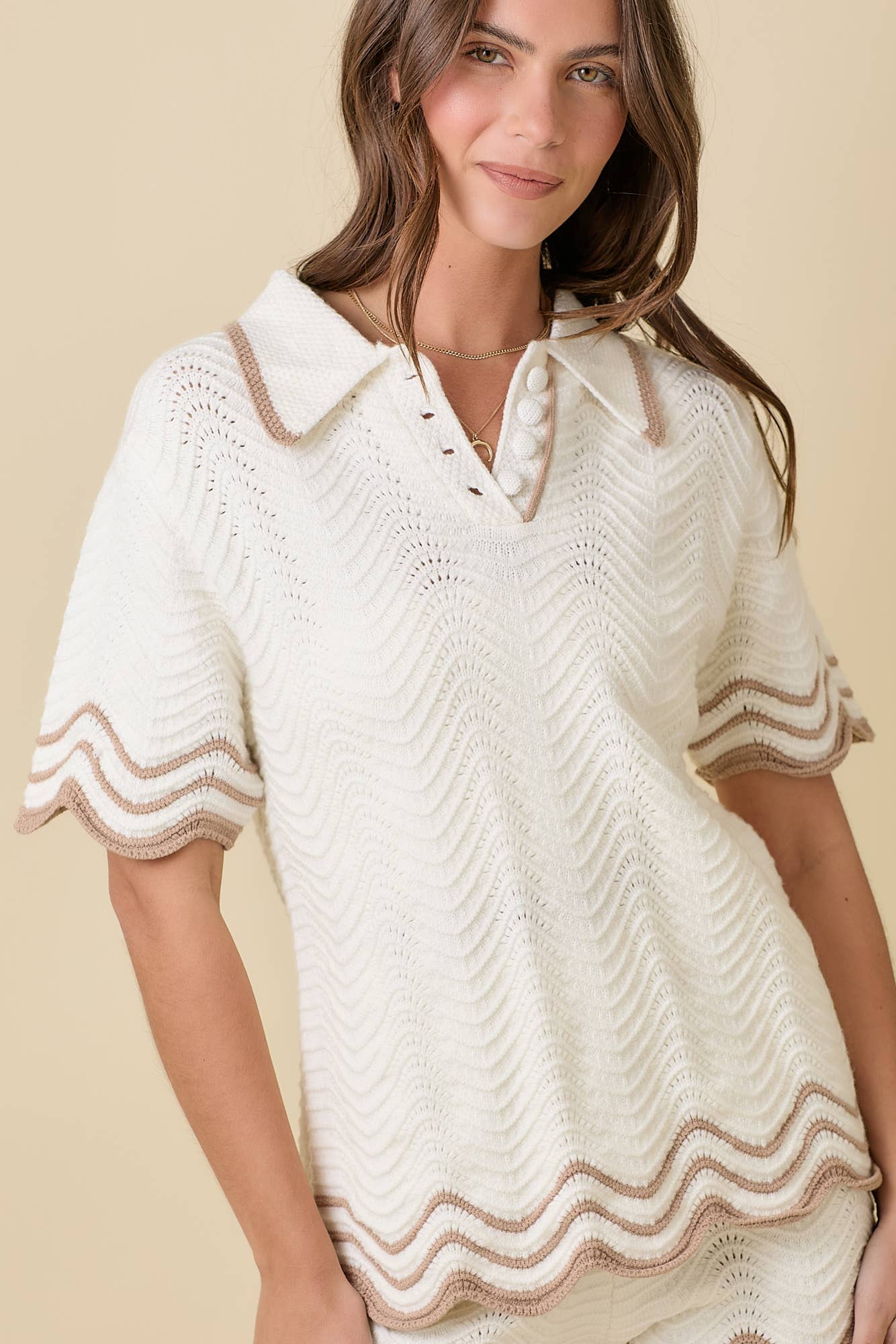 Crochet Wavy Collar Sweater Knit Top: WHITE/TAUPE