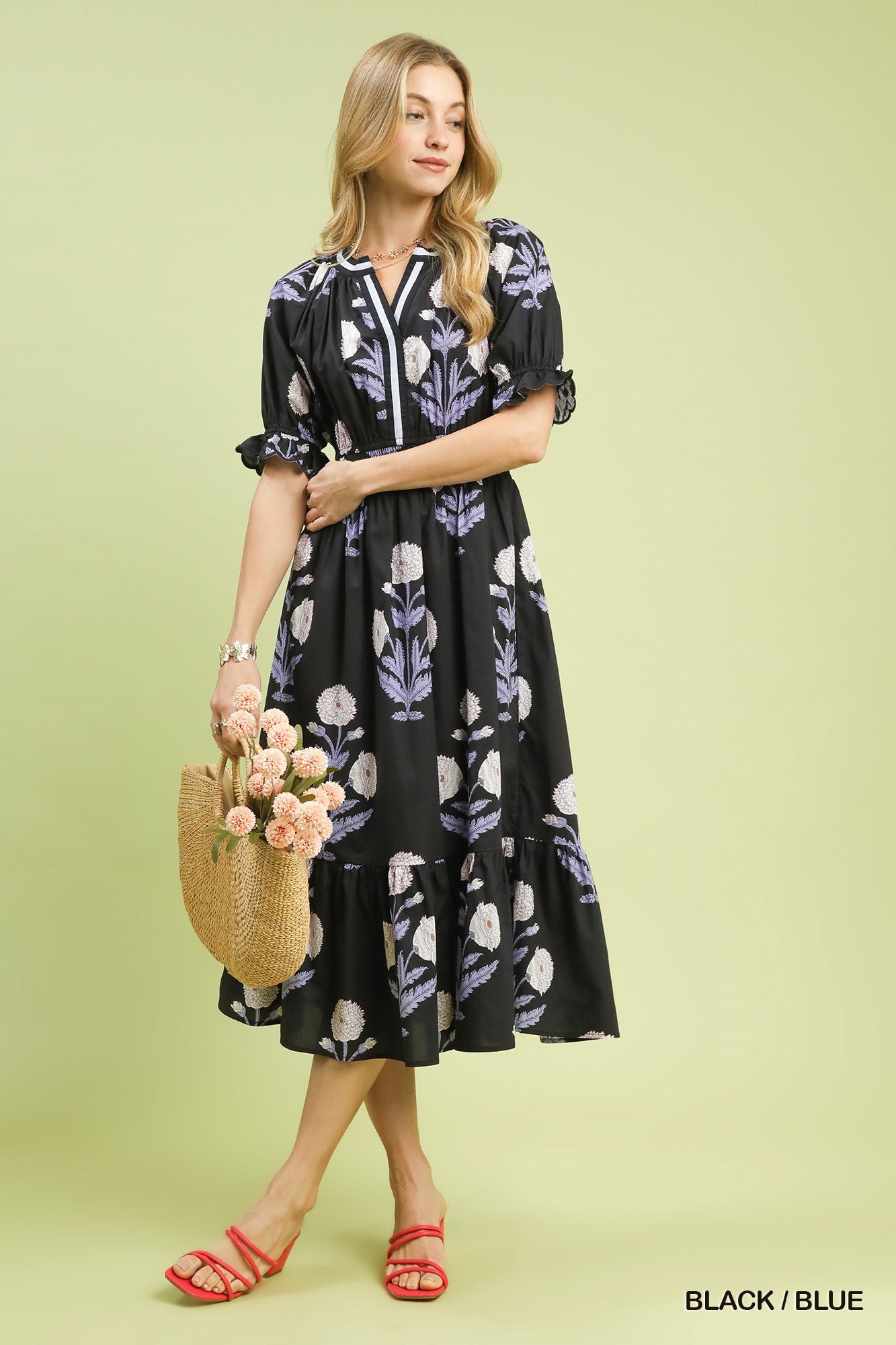 Floral Smocked Midi Dress - Black/Blue