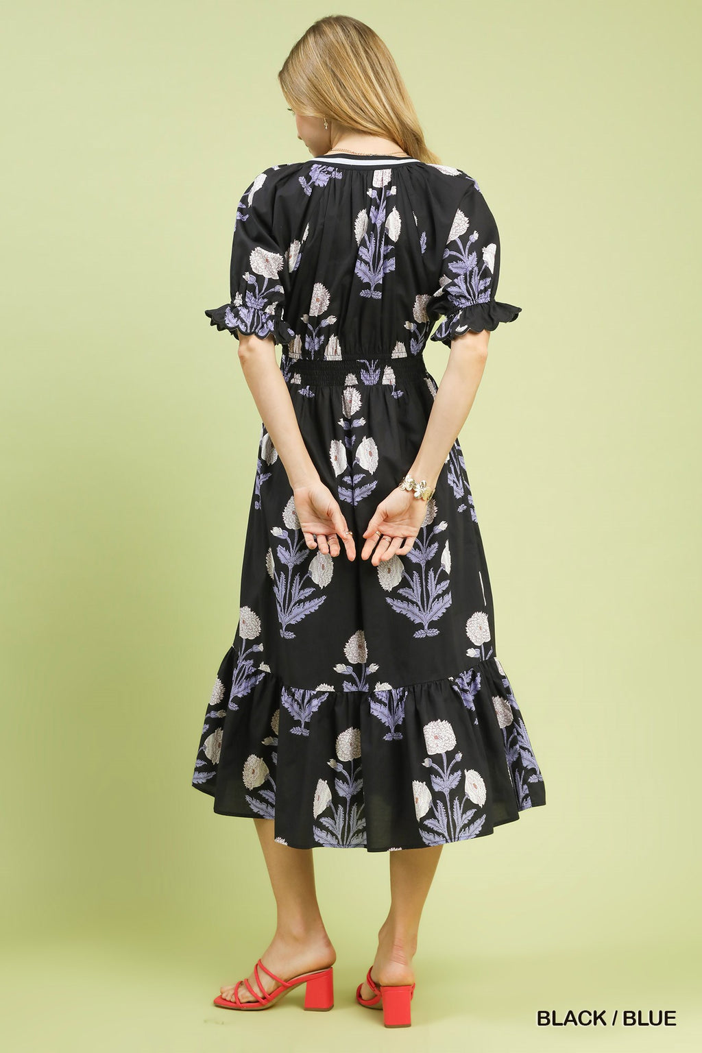 Floral Smocked Midi Dress - Black/Blue