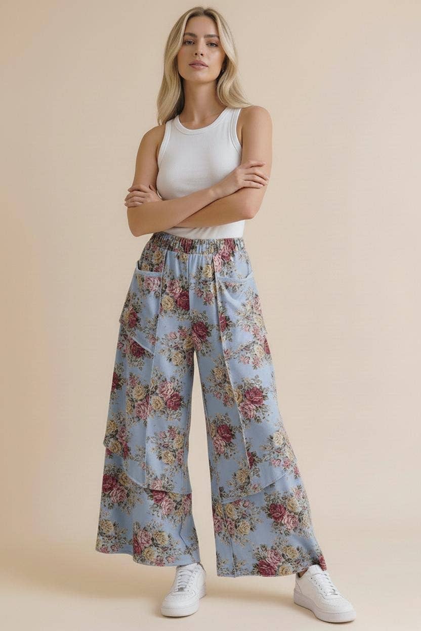 Elastic Waist Wide Leg Vintage Floral Pant: Oatmeal