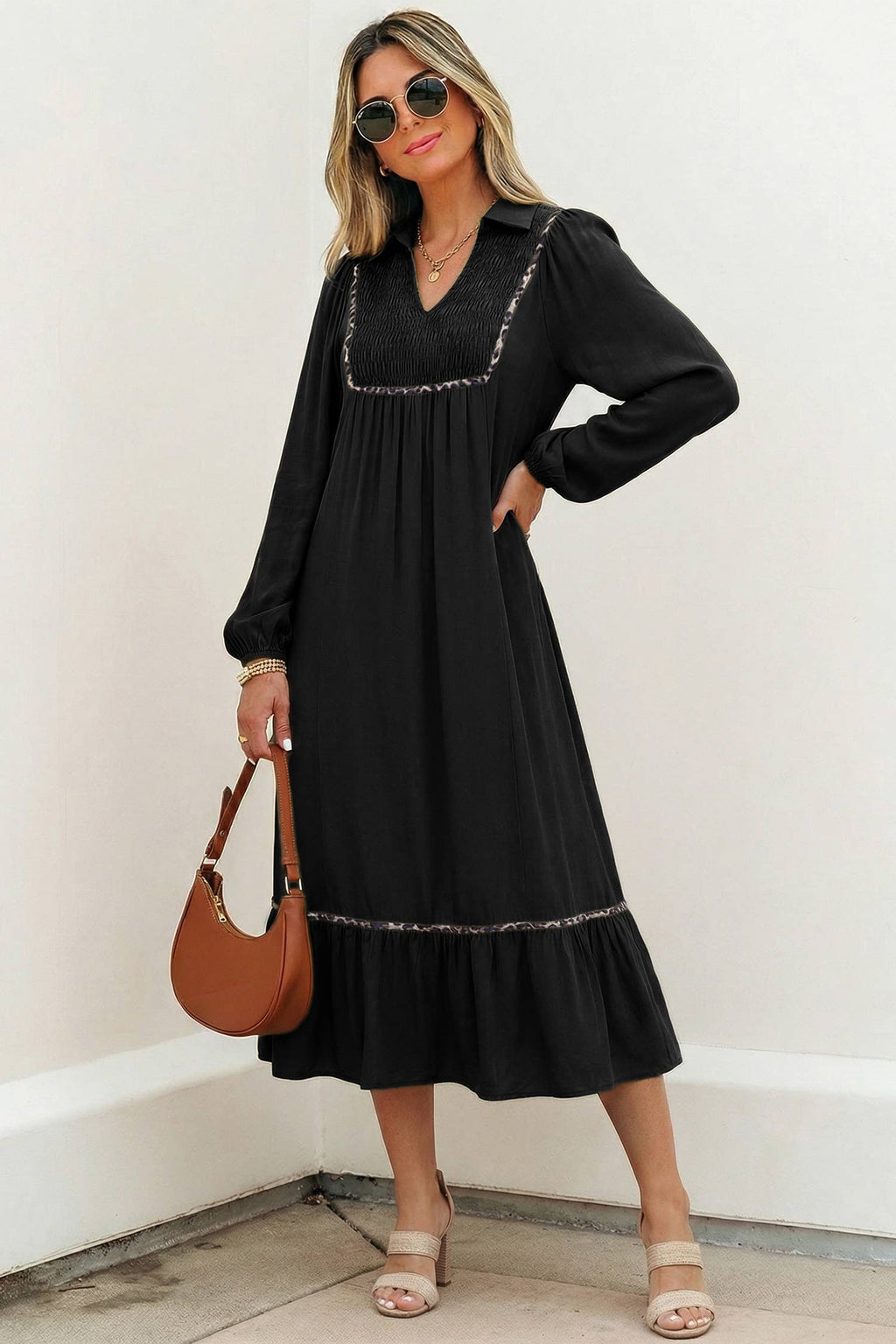 OMG! Leopard Trim Smocked V-Neck Midi Dress