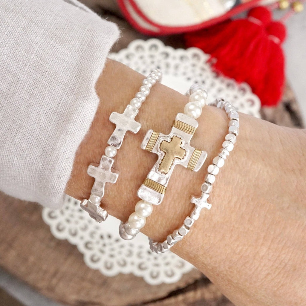 Cross Beaded bracelets set in Worn Silver tone boho style