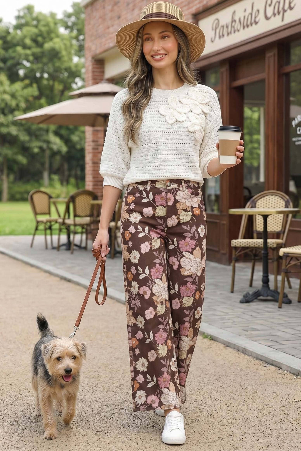 Floral Print Straight Leg Cotton Span Jean Pants: Brown