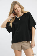 Linen Blend Raglan Sleeve Top: Black