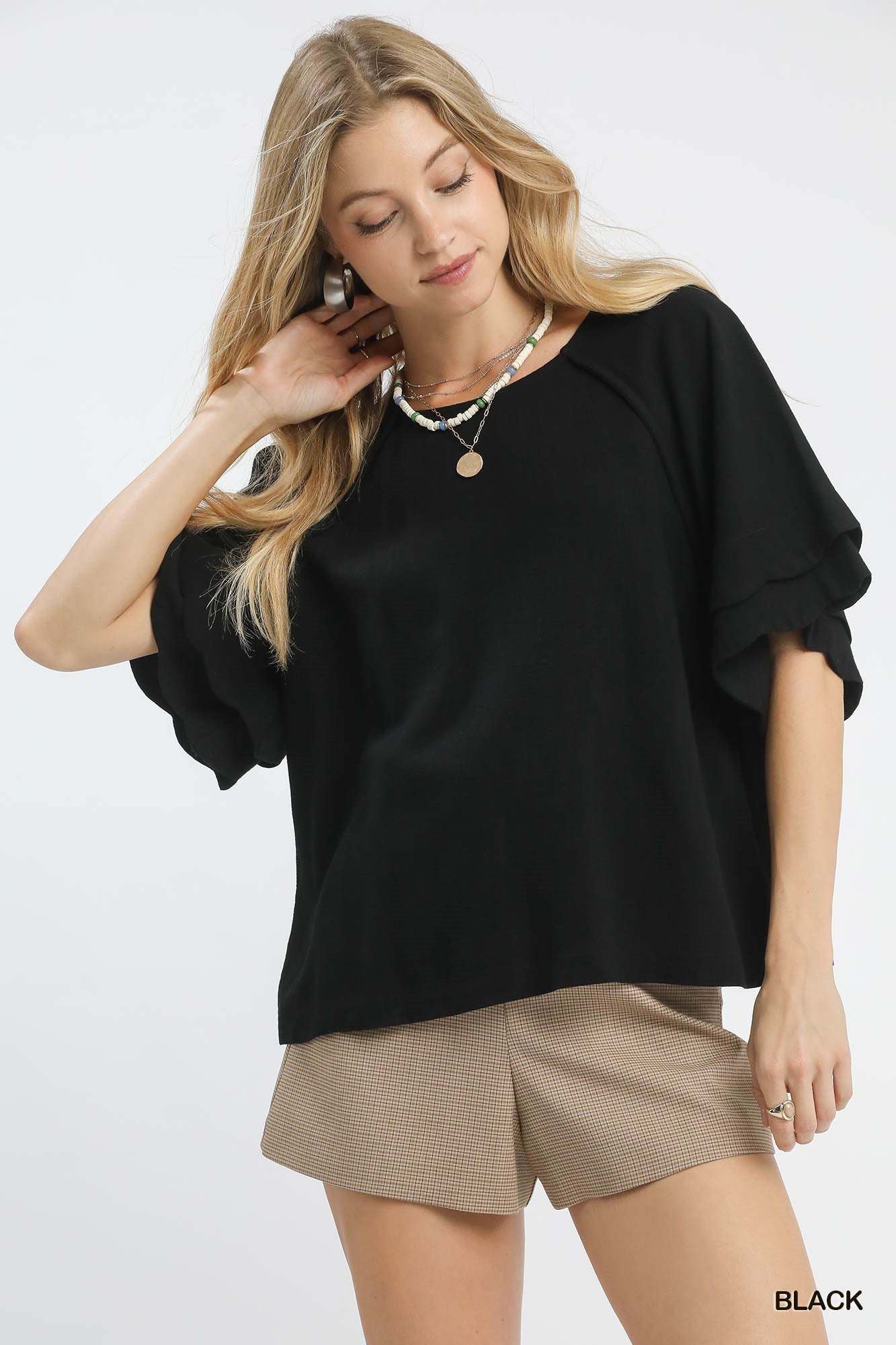 Linen Blend Raglan Sleeve Top: Black