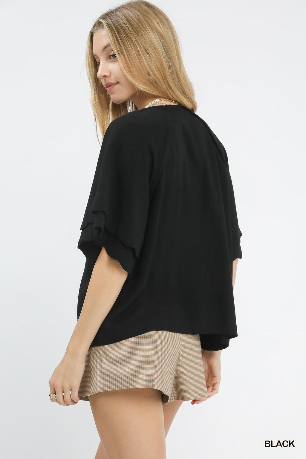 Linen Blend Raglan Sleeve Top: Black