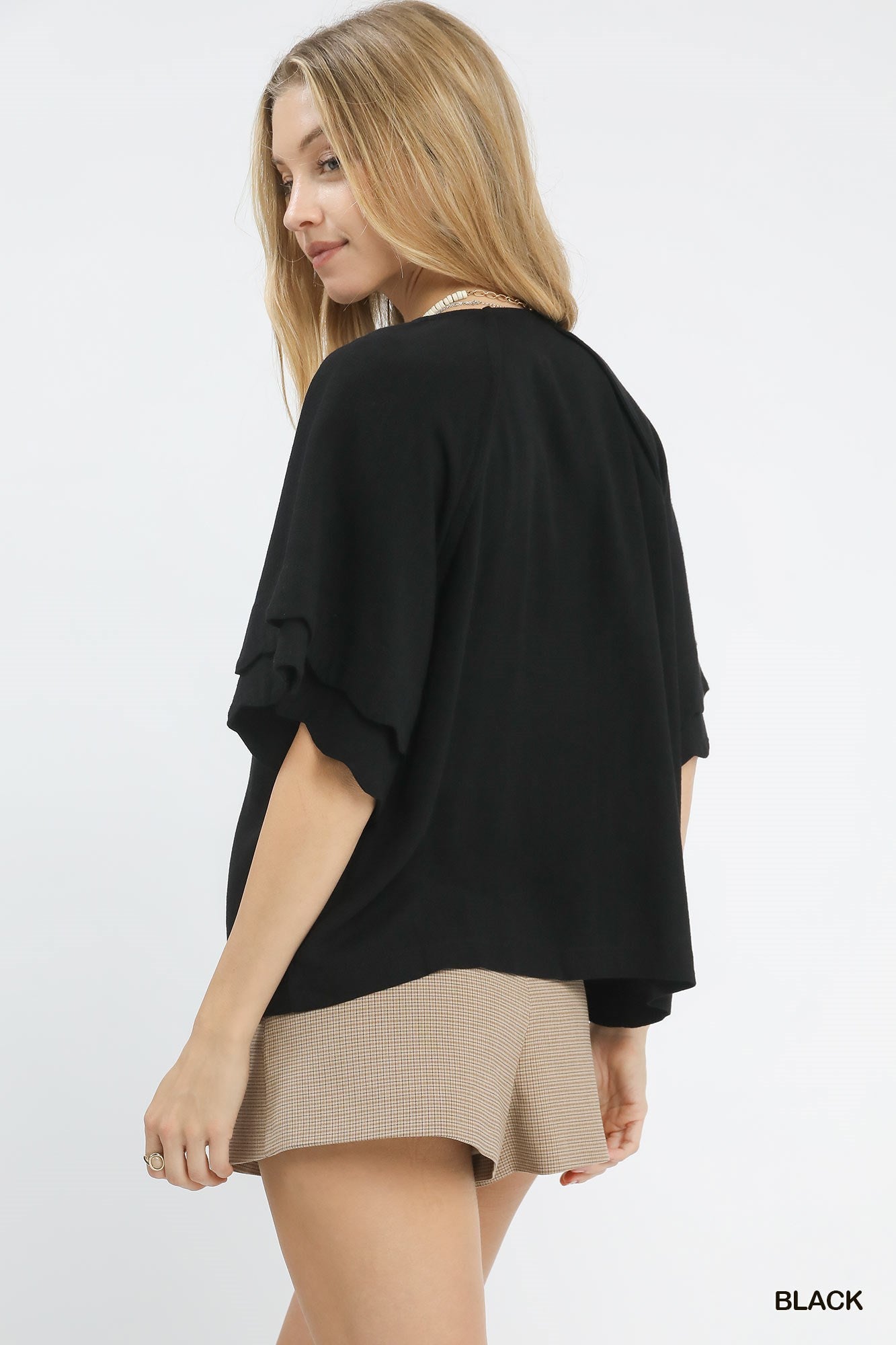 Linen Blend Raglan Sleeve Top: Black