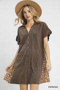 Linen Button-Down Dress with Leopard Print Back: Espresso