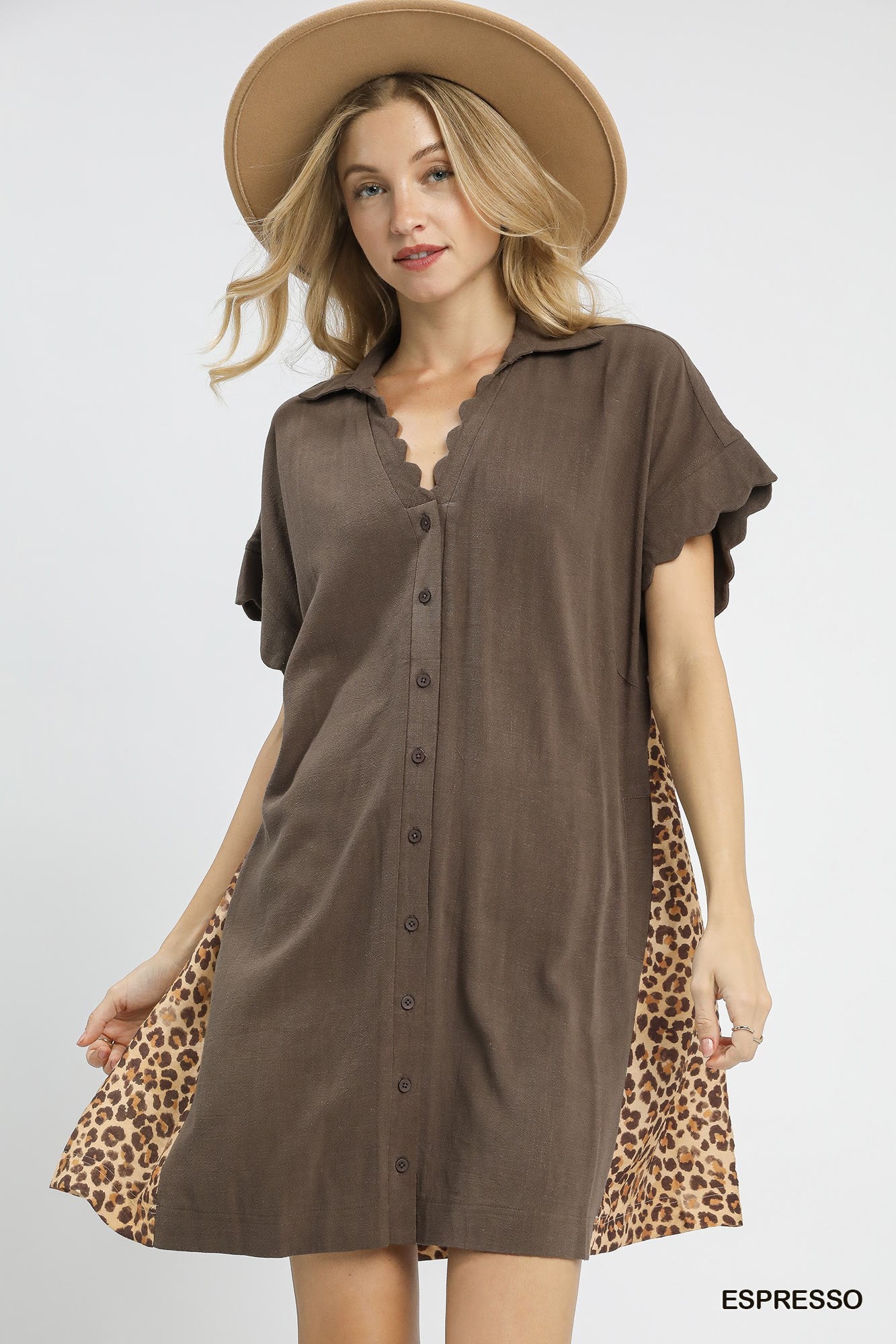 Linen Button-Down Dress with Leopard Print Back: Espresso
