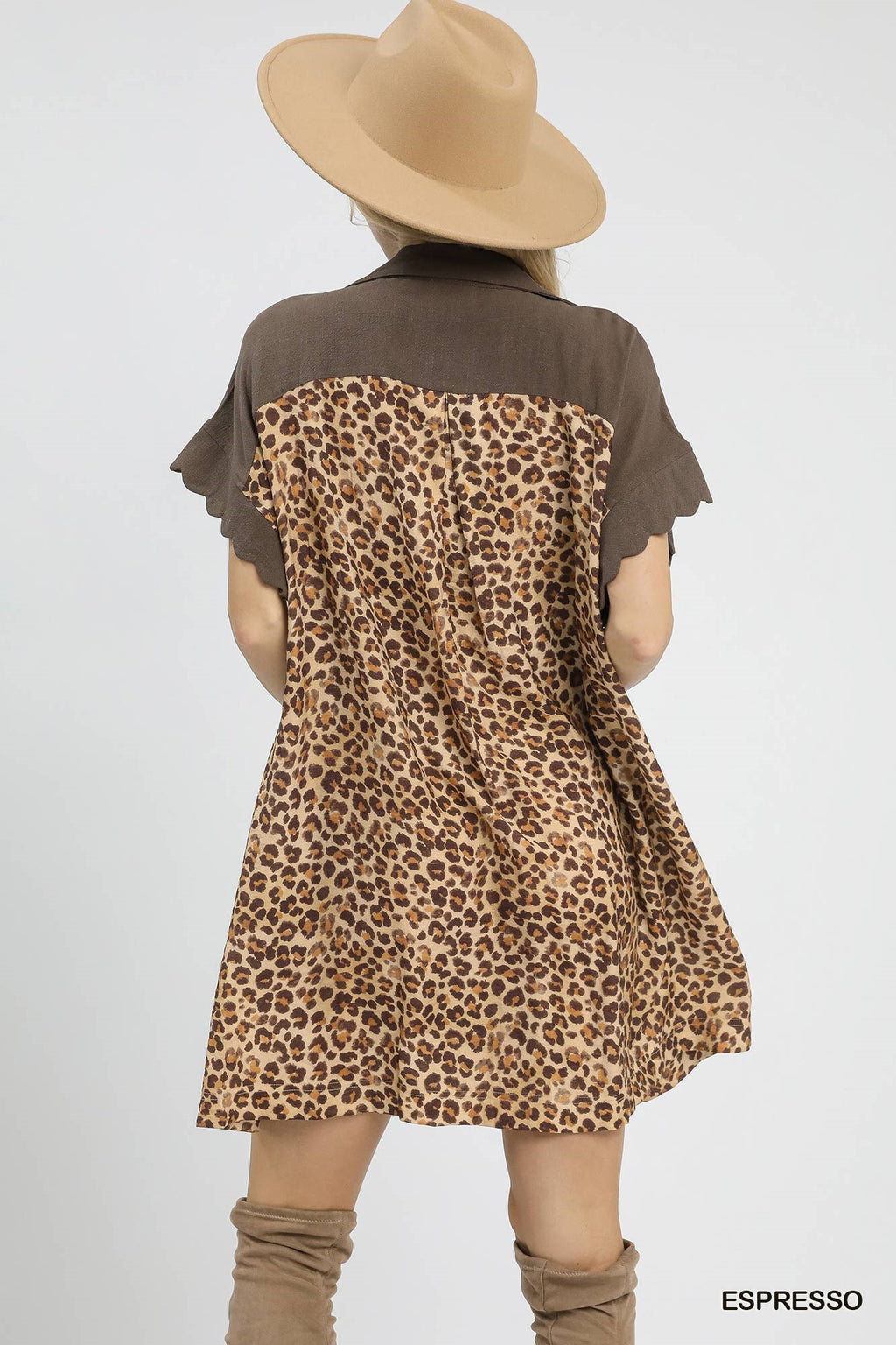 Linen Button-Down Dress with Leopard Print Back: Espresso