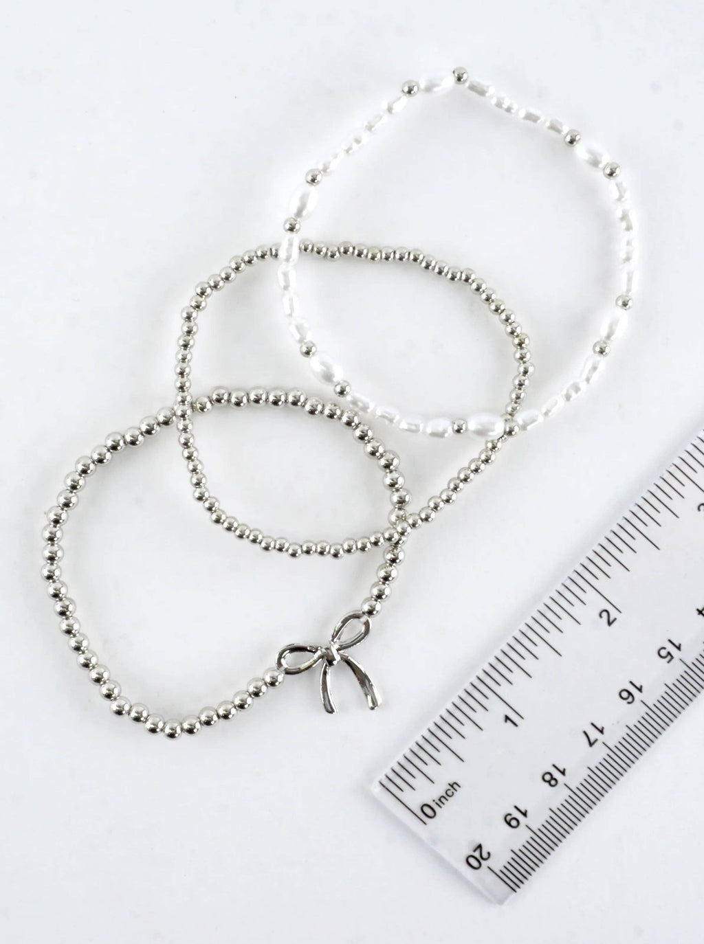 3 PC Stackable Ribbon Charm Bracelets: Rhodium White