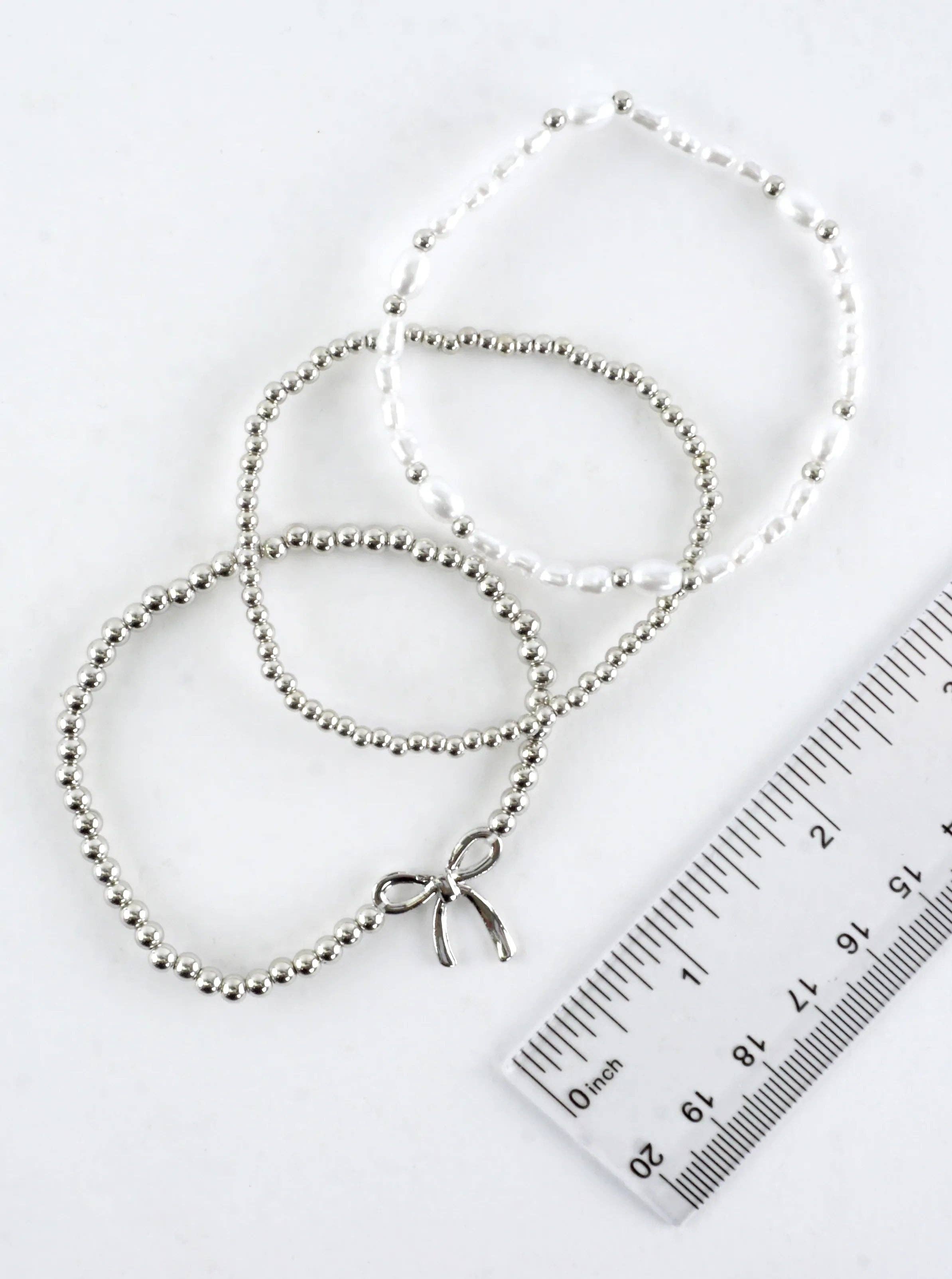 3 PC Stackable Ribbon Charm Bracelets: Rhodium White