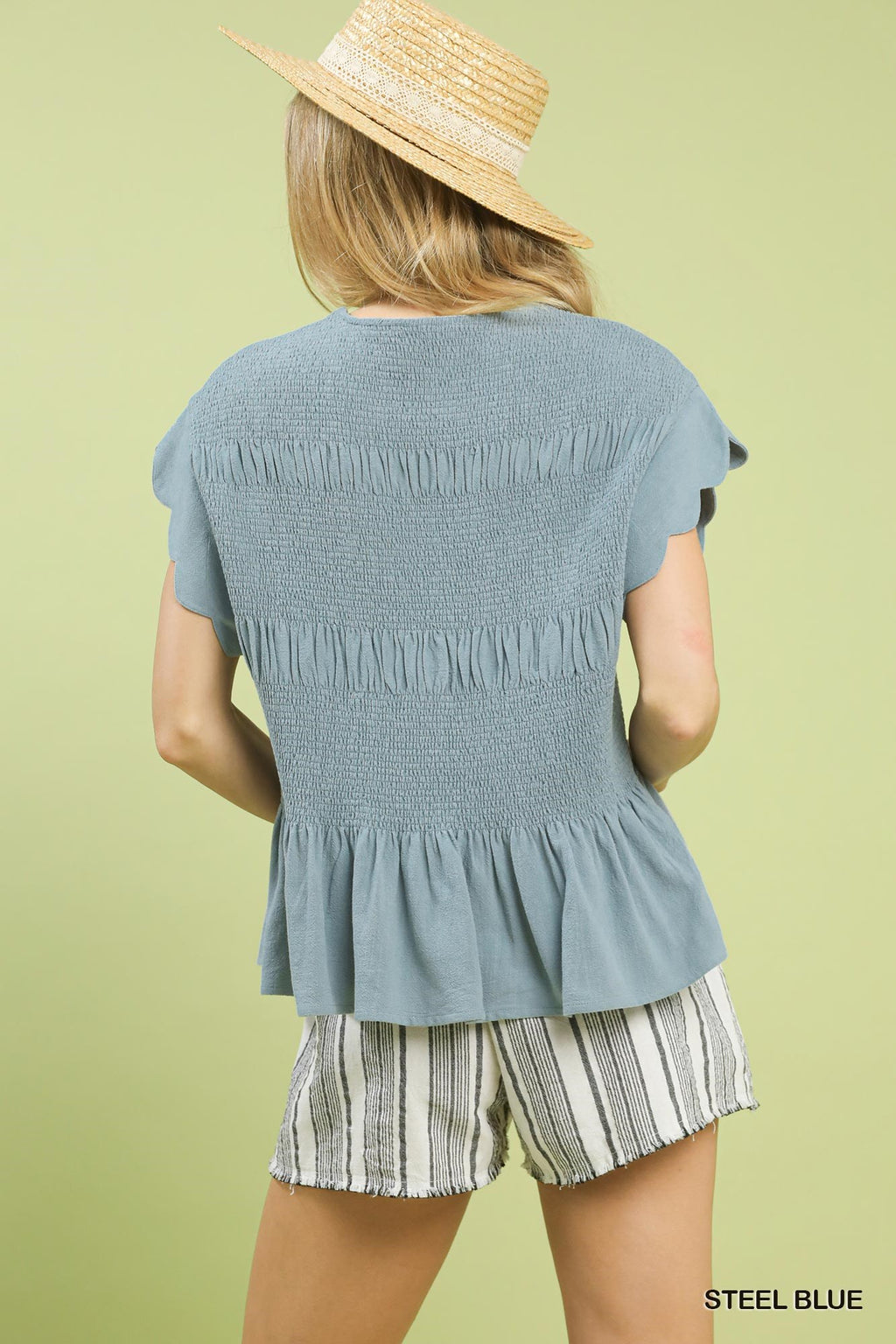 Linen Blend Smocked Peplum Top: Steel Blue