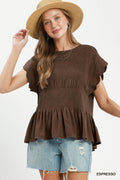 Chambray Smocked Peplum Top - Espresso