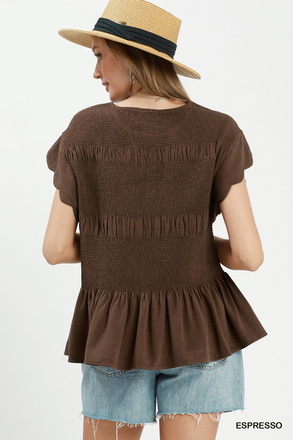 Chambray Smocked Peplum Top - Espresso