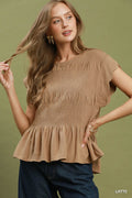 Chambray Smocked Peplum Top - Latte