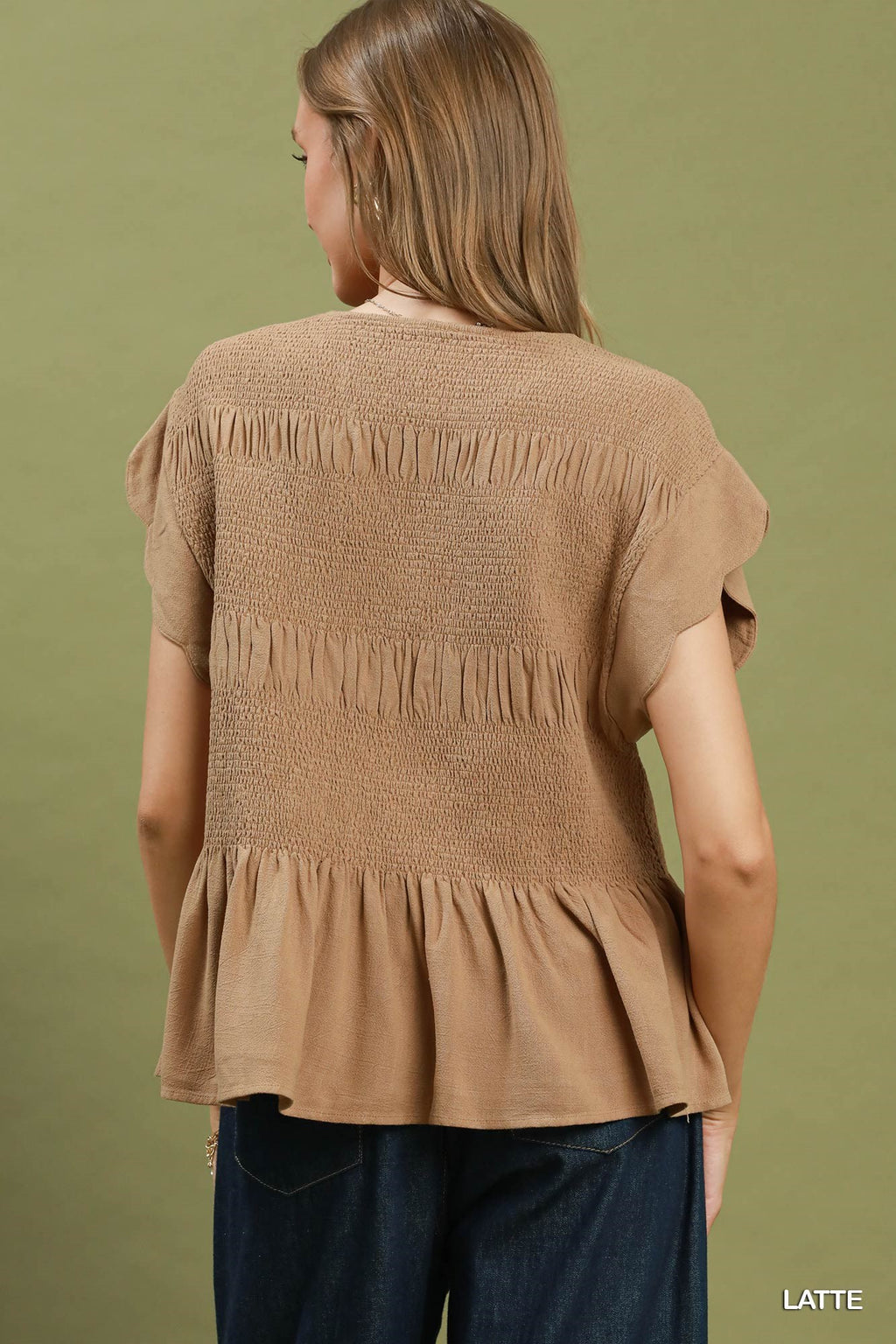 Chambray Smocked Peplum Top - Latte