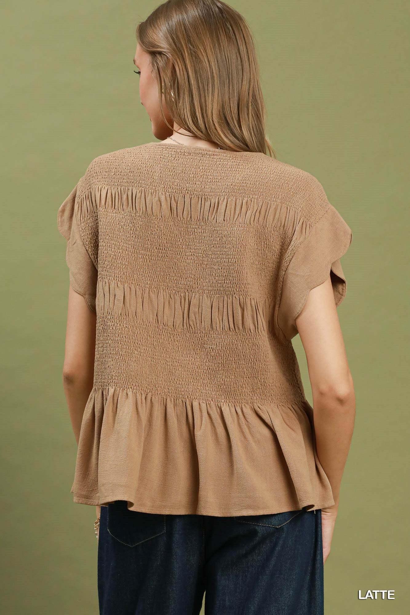 Chambray Smocked Peplum Top - Latte