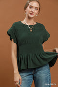 Chambray Smocked Peplum Top - Palm Green