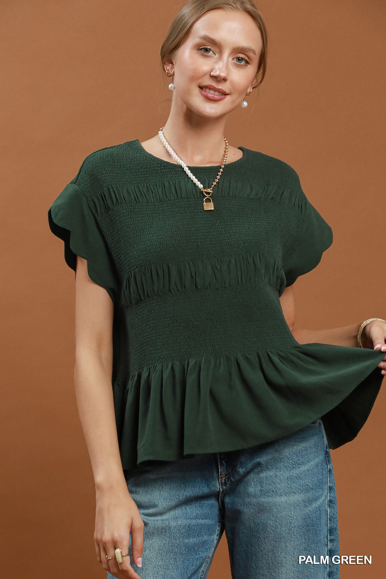 Chambray Smocked Peplum Top - Palm Green