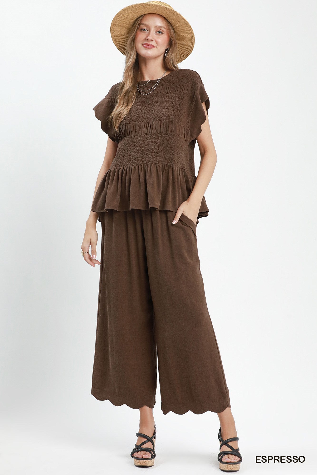 Chambray Smocked Peplum Top - Espresso