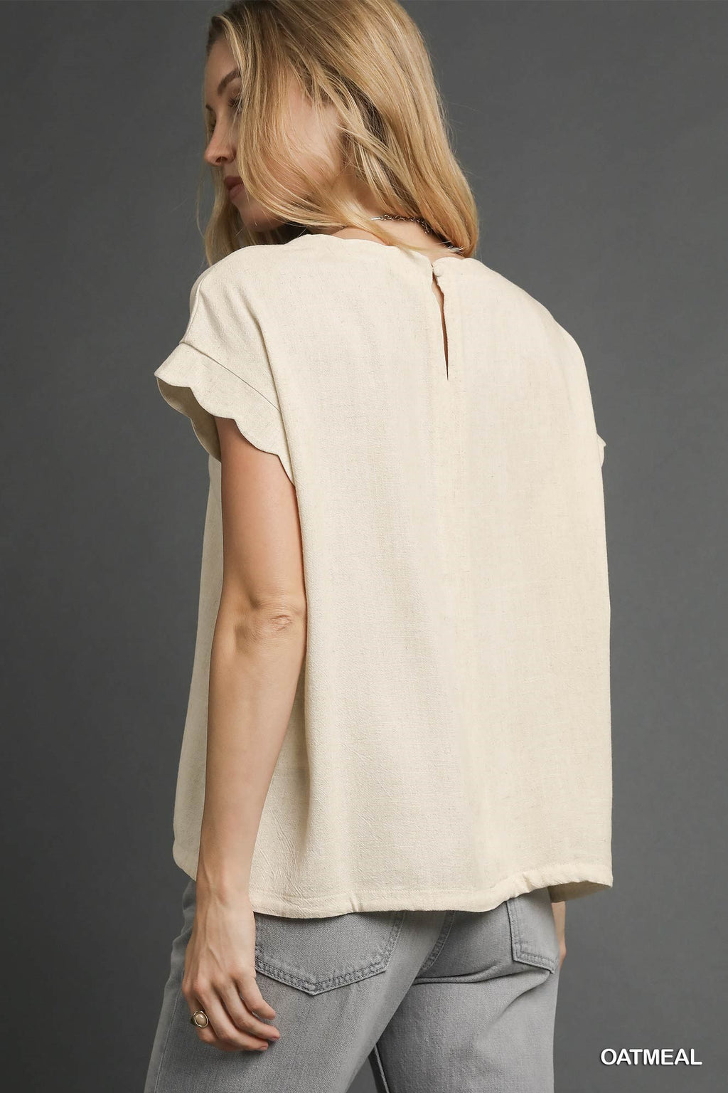 Linen Blend Rolled Sleeve Top: Oatmeal