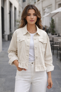Boyfriend Peplum Hem Denim Jacket w/ DTM Buttons: Summer Sand