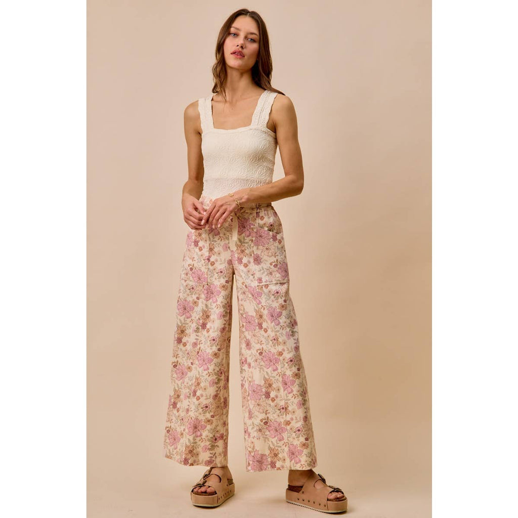 FLORAL COTTON TWILL ELASTICIZED WAIST WIDE PANTS: BLUSH PINK