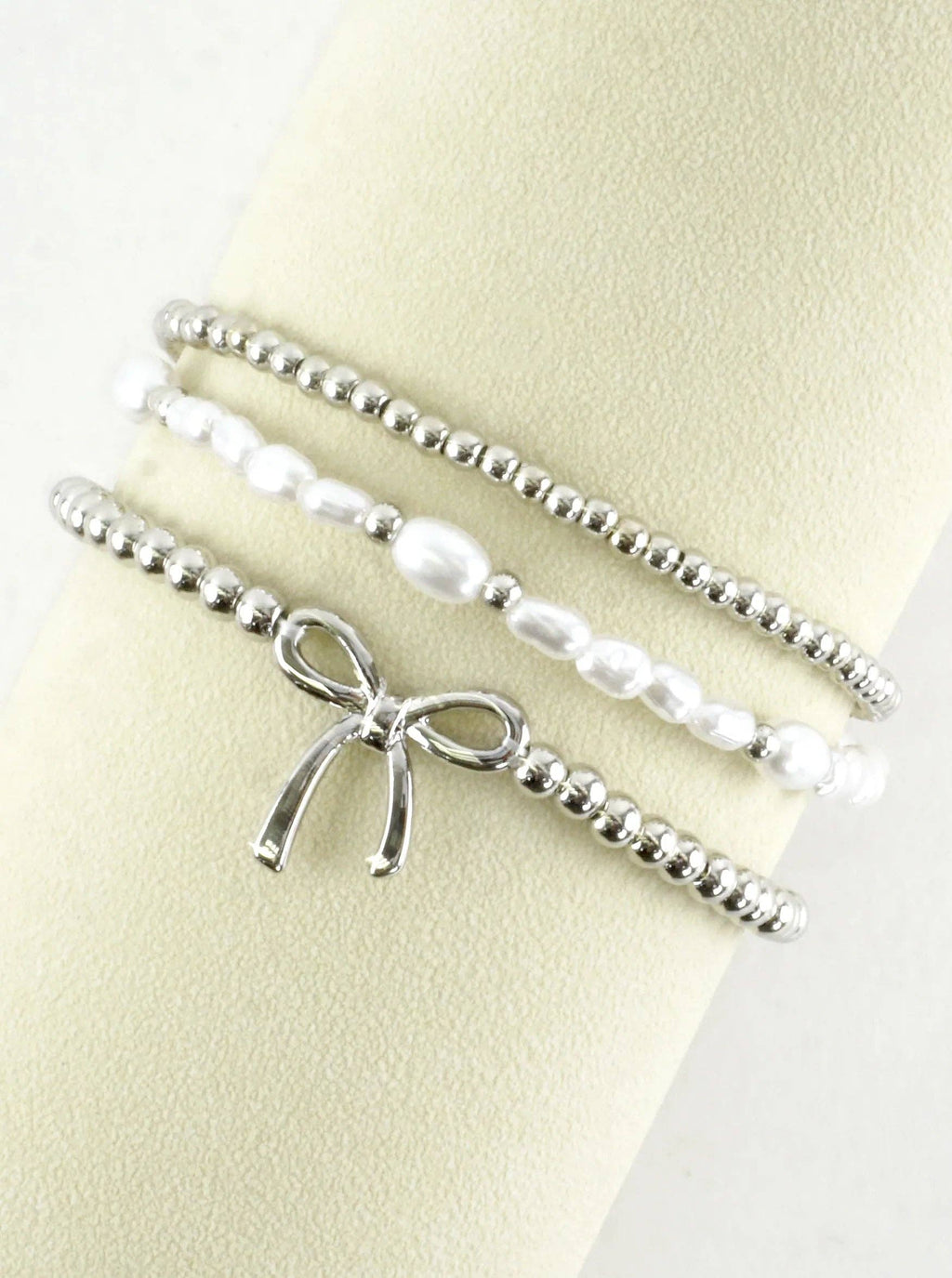 3 PC Stackable Ribbon Charm Bracelets: Rhodium White