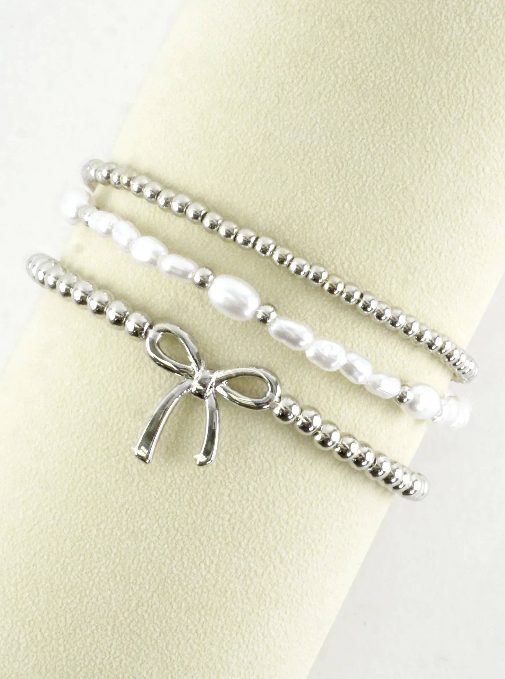 3 PC Stackable Ribbon Charm Bracelets: Rhodium White