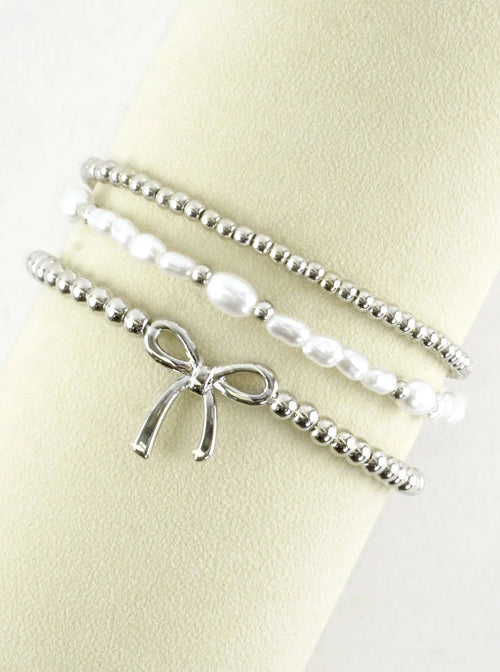 3 PC Stackable Ribbon Charm Bracelets: Rhodium White