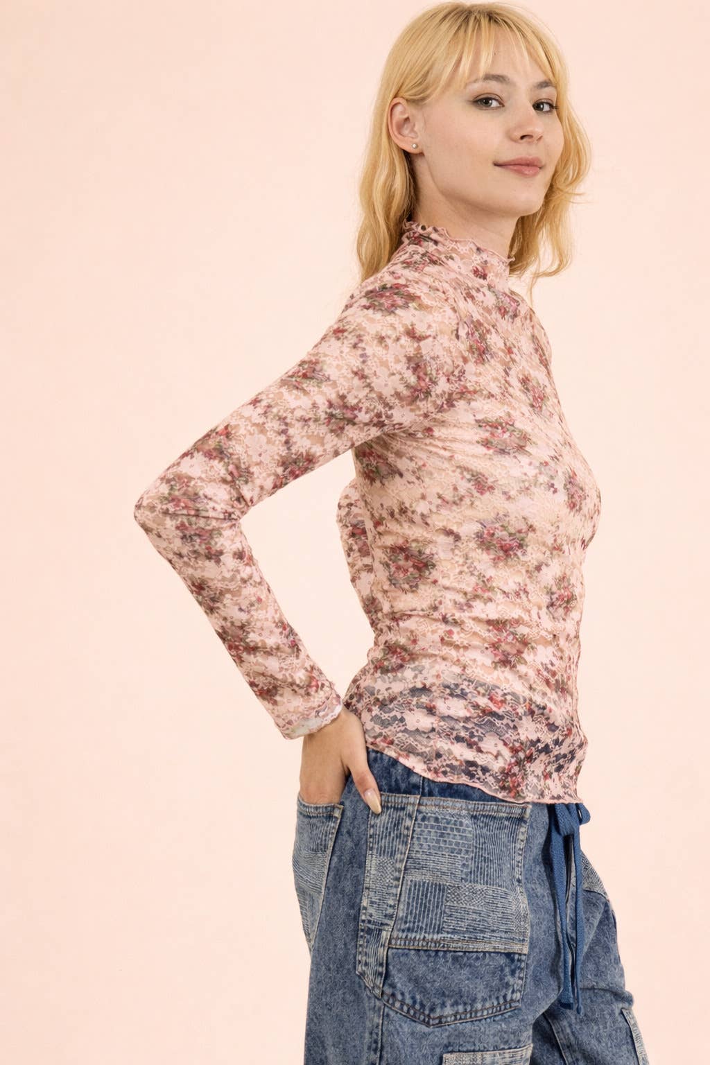 NEW IN — High Neck Fitted Sheer Mesh Lace Knit Top: BLUSH/CHERRY FLORAL