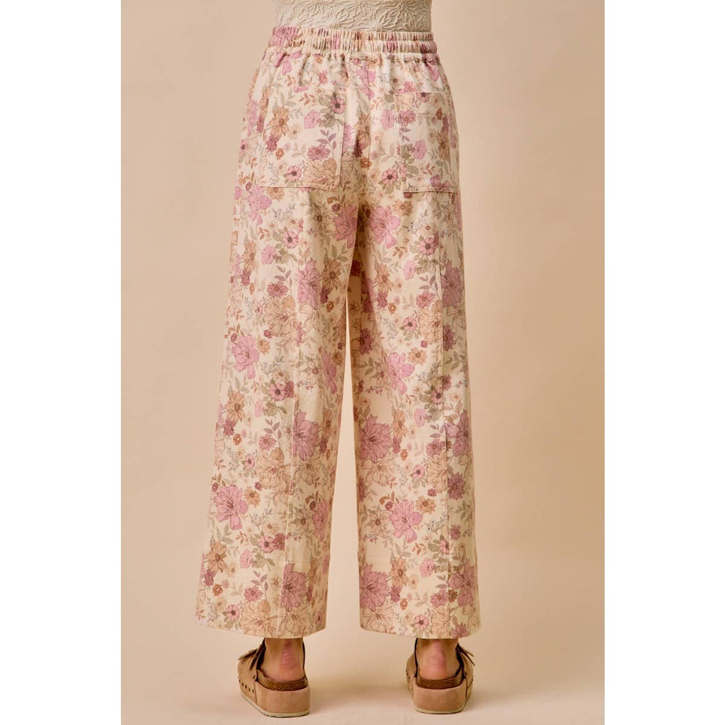 FLORAL COTTON TWILL ELASTICIZED WAIST WIDE PANTS: BLUSH PINK